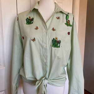 Coconut Row Palm Beach Frog Butterflies Lady Bug Green Striped Embellished Shirt